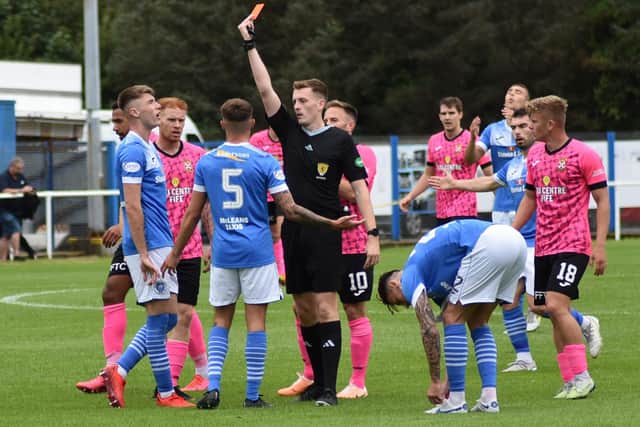 Stranraer's Craig Ross being sent off nine minutes into their 1-1 draw at home to East Fife on Saturday (Pic: Kenny Mackay)