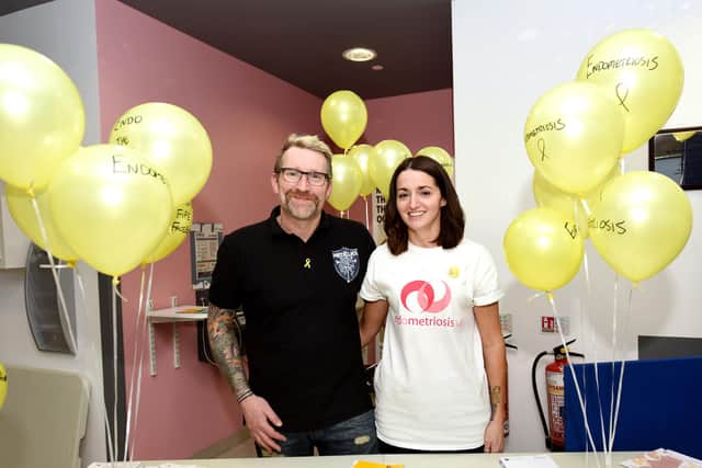 Claire Watson and husband Scott, pictured when they did a pop-up awareness day for endometriosis. Pic: Fife Photo Agency