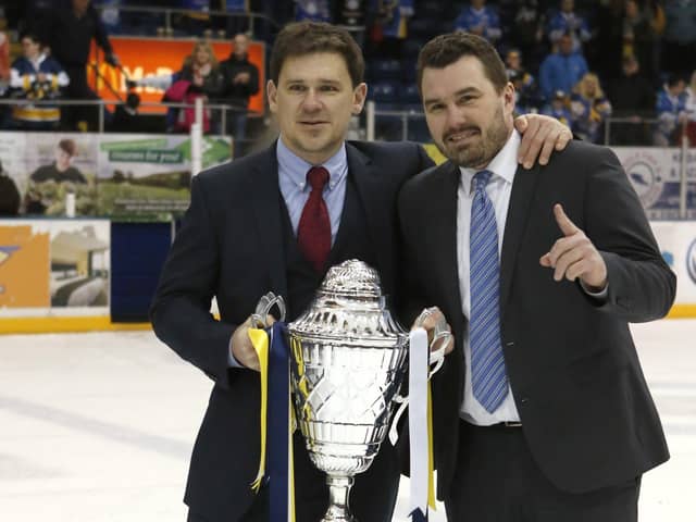 Todd Dutiaume (left) and Jeff Hutchins with the Gardiner Conference trophy.(Pic: Steve Gunn)