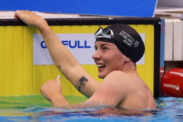 LONDON, ENGLAND - APRIL 03: Kathleen Dawson of Uni of Stirling  reacts after competing in the Women's 100m Backstroke Paris - Final during day two of the British Swimming Championships 2024 on April 03, 2024 in London, England. (Photo by Richard Pelham/Getty Images)