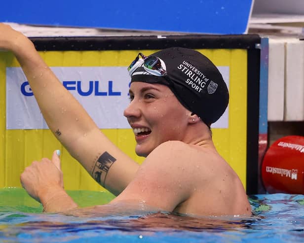 LONDON, ENGLAND - APRIL 03: Kathleen Dawson of Uni of Stirling  reacts after competing in the Women's 100m Backstroke Paris - Final during day two of the British Swimming Championships 2024 on April 03, 2024 in London, England. (Photo by Richard Pelham/Getty Images)