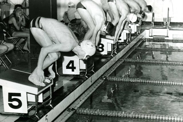 Swimmers  at Fife Institute competing in the 1985 Inter-town Trophy, a multi-sports competition held throughout the town. 
Glenrothes retained the trophy, beating closest contenders Grangemouth by 23 points.