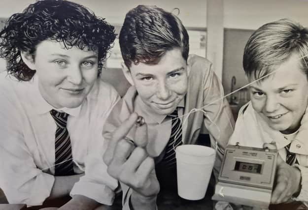 Winners of Auchmuty High school’s great egg race staged in 1988. From left are fourth-year pupils Nicola Braid, Michael Peters and Mark Downie. Picture by David Cruickshanks, staff photographer, Glenrothes Gazette.