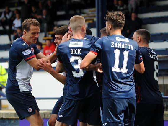 Christophe Berra (left) joins in the celebrations after Ethon Varian equalises against Aberdeen (Pic: Fife Photo Agency)