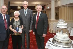 Reverend John and Maisie Thomson celebrated their Diamond Wedding on December 27, 2022.  They are pictured with Col Jim Kinloch, Depute Lieutenant for Fife and Councillor Ian Cameron.  Picture: Andrew Beveridge.