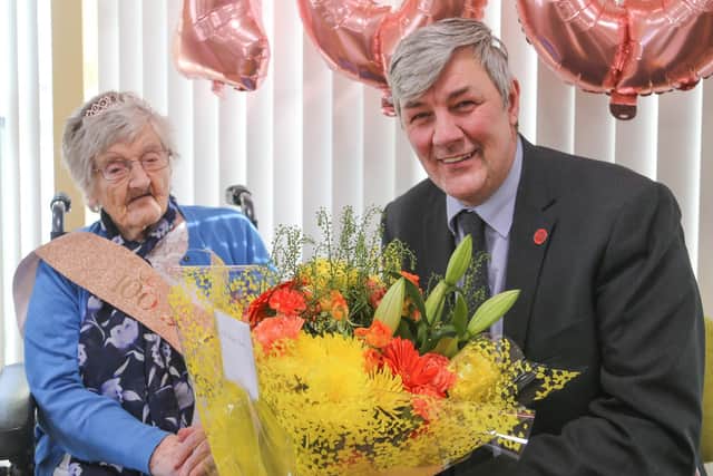 Councillor Altany Craik presented Margaret with flowers on behalf of Fife Council Council, and she also received greetings from His Majesty the King and Vice-Lord Lieutenant, Fiona Robertson