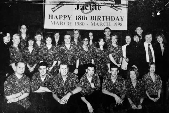 Staff pic to mark 18th birthday of Kirkcaldy nightclub Jackie O in March 1998