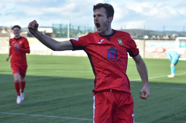 Danny Denholm celebrates after putting East Fife two goals up. Pic by Kenny Mackay