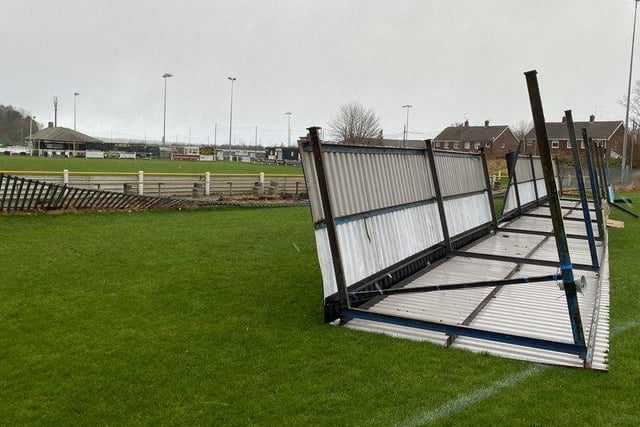 The roof blown off the stand at Boldon CA FC's ground.