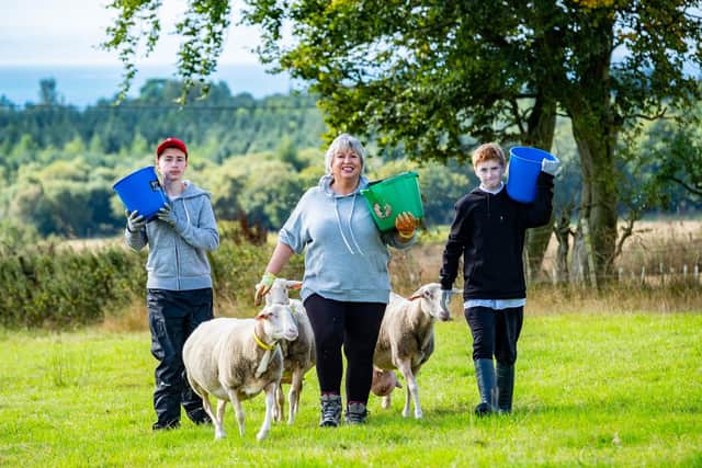 Libby Elliot with Lucky Ewe Intern, William Wishart, 17, left and School pupil, Josh Anderson, 14, preparing to feed the sheep at Bonnyton Farm, Fife. Pic: Stuart Nicol Photography.