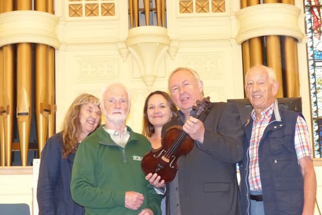 Dunsire violin handover - from left Rosemary Potter, Vince Gray,, Rosie Willmot, David Rattray, and Graeme Wilson | Pic Contributed