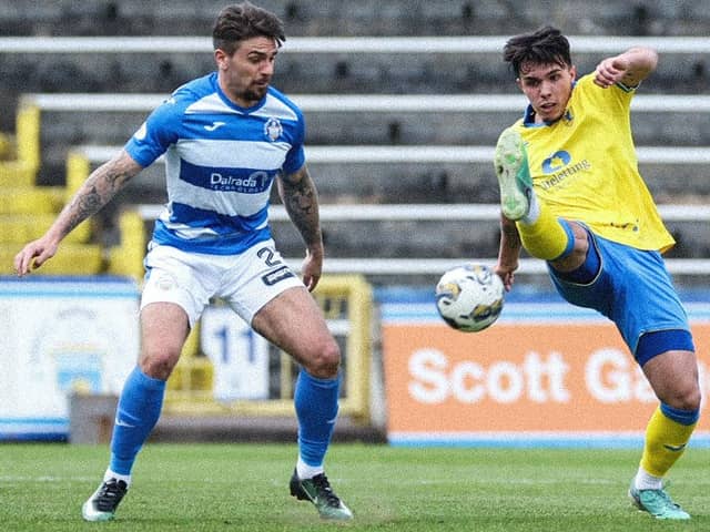 Greenock Morton's George Oakley challenging Raith Rovers' Dylan Corr at Cappielow Park on Saturday (Photo by Roddy Scott/SNS Group)