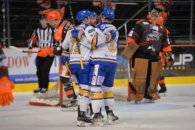 Fife Flyers celebrate their goal against Sheffield last night (Pic: Dean Woolley)