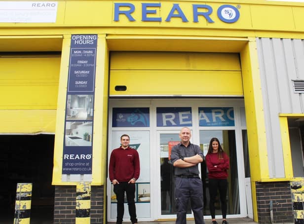 Outside Rearo Rosyth premises are (from left) Ryan Adams, assistant branch manager; Chris Douglas (branch manager) and Jane Stewart (sales and admin assistant)