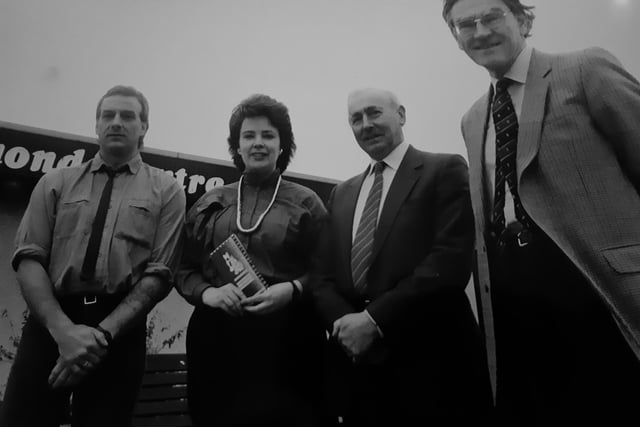 Speakers at the mining conference at the Lomond Centre, Glenrothes, in April 1989 - Ian Chalmers, Andrew Kerr, Tom Smith and Donna Mackay