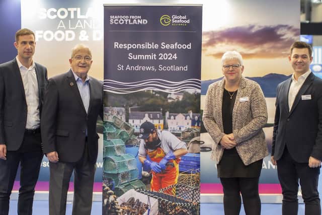 From left: Jim Batchelor, media & events sales manager, Global Seafood Alliance; Wally Stevens CEO (interim), Global Seafood Alliance; Donna Fordyce CEO, Seafood Scotland, and Adam Wing, head of trade marketing.