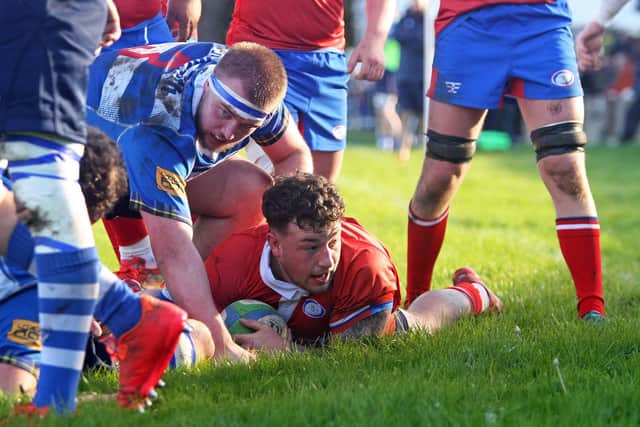 Craig Hamilton scores Kirkcaldy's first try v Howe of Fife (Pics Michael Booth)