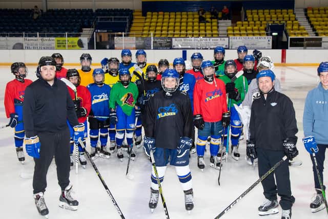 Yehor Tsybenko with his Fife Flames team-mates and coaches (Pic: Derek Young)