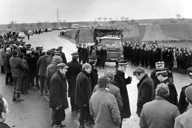 Miners pickets persuade a coal delivery driver to turn back from Longannet Power Station during the miners' strike of 1972