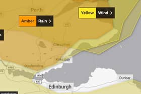 Weather warnings for the next few days in Fife now include an amber warning for rain as well as yellow warnings for both wind and rain.  (Pic: Met Office)