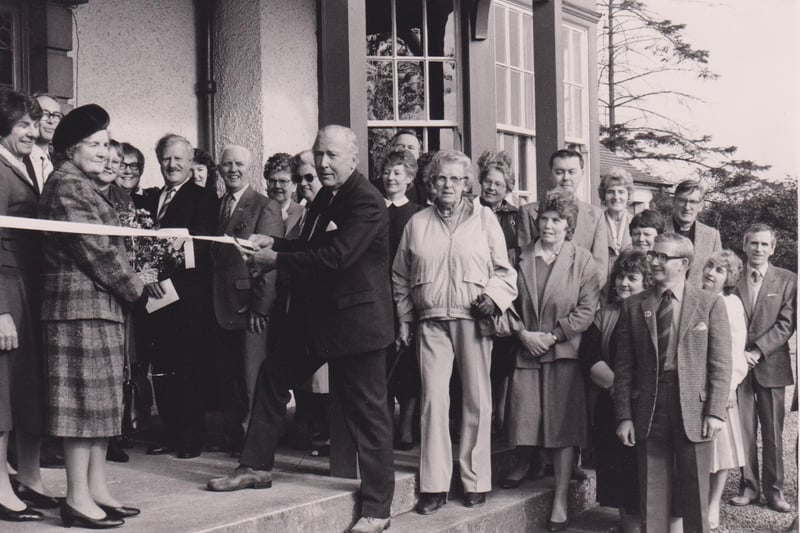 The opening of Gilven House in Glenrothes. Cutting the ribbon is the late Sir George Sharp, chairman of Glenrothes Development Corporation.