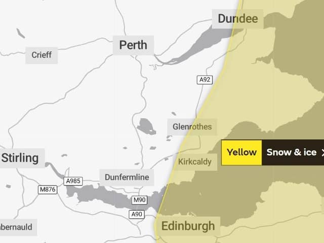 A yellow warning for snow and ice has been issued by the Met Office for parts of Fife on Wednesday evening into Thursday.  (Pic: Met Office)