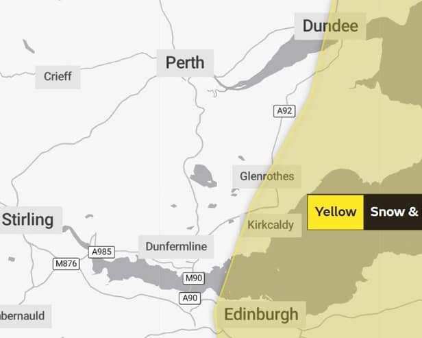 A yellow warning for snow and ice has been issued by the Met Office for parts of Fife on Wednesday evening into Thursday.  (Pic: Met Office)