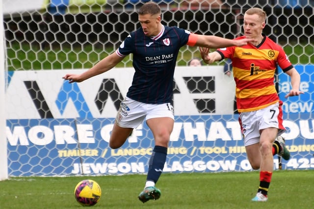 March 4, 2023: Partick Thistle 3-0 Raith Rovers. Raith skipper Tom Lang on ball on day visitors lose to Thistle goals by Scott Tiffoney (2) and Brian Graham