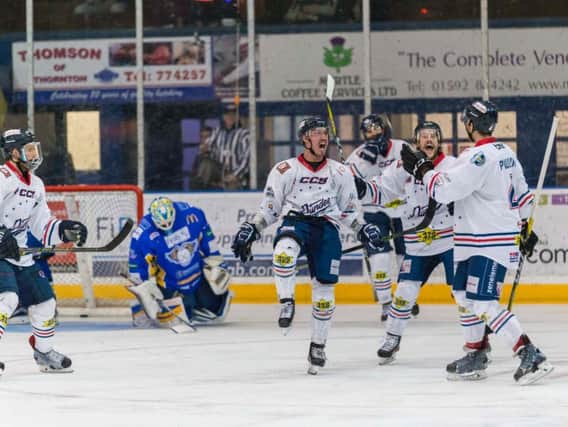Dundee Stars celebrate one of seven goals scored against Fife Flyers last night. Pic: Martin Watterston, Fife Flyers.