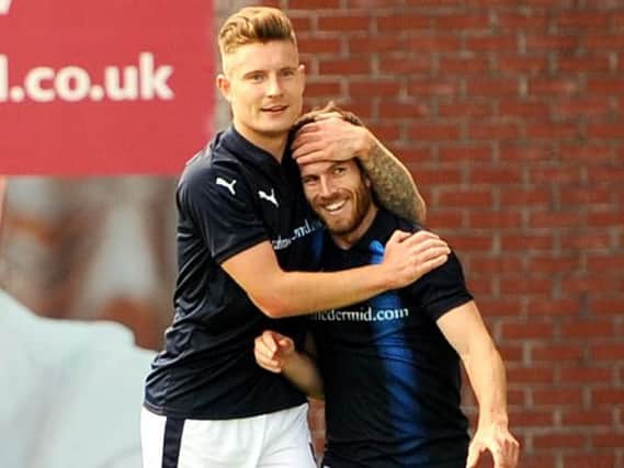 Liam Buchanan is congratulated by Euan Murray after putting Rovers 2-0 up against Cowdenbeath. Pic: Fife Photo Agency