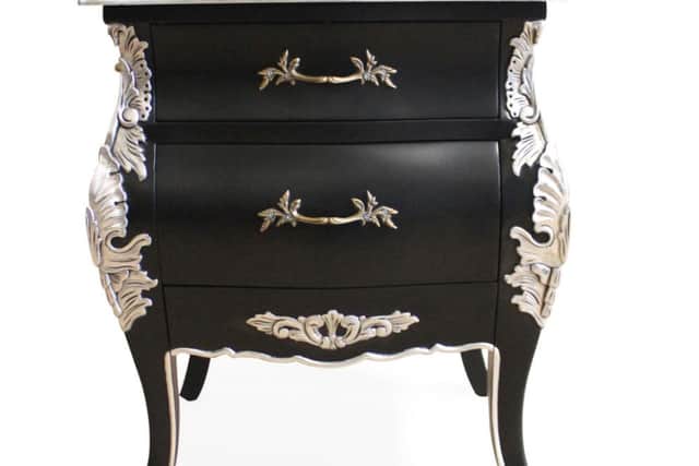 Undated Handout Photo of Bordeau BedsideTable, Black and Silver, £249.99, Chi Chi Furniture, (www.chichifurniture.com). See PA Feature INTERIORS Gothic. Picture credit should read: PA Photo/Handout. WARNING: This picture must only be used to accompany PA Feature INTERIORS Gothic.