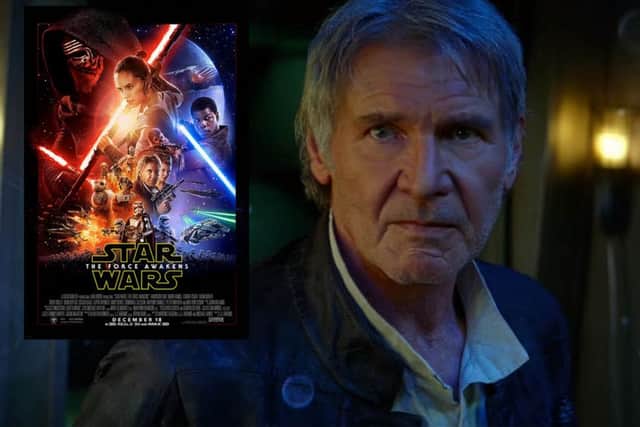 The new poster for Star Wars: The Force Awakens, and a still from from the film of Harrison Ford as Han solo. Images: Star Wars/YouTube/PA Wire