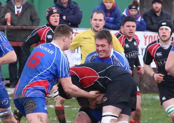 Biggar's Alexander Lyon is tackled during the 22-11 home BT National League Div 2 defeat by Kirkcaldy on January 9, 2016 (Pic by Nigel Pacey)