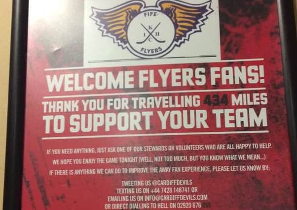 Poster at Cardiff Ice Rink welcoming visiting fans