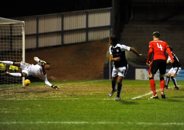 Raith debutant Harry Panayiotou scores but the effort was disallowed for a foul - Credit - Fife Photo Agency -