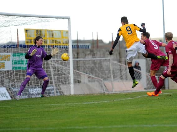 Nathan Austin scores East Fife's first in their 2-1 win at the weekend. Picture by Fife Photo Agency.