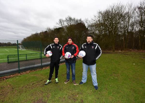 Lee Rough (YM Juniors), Jim Douglas (YM Amateurs) and Martin Ligman (YM Amateurs) at KHS where the astroturf was unuseable for two weeks, leaving the club with nowhere to train (Pic by Walter Neilson)