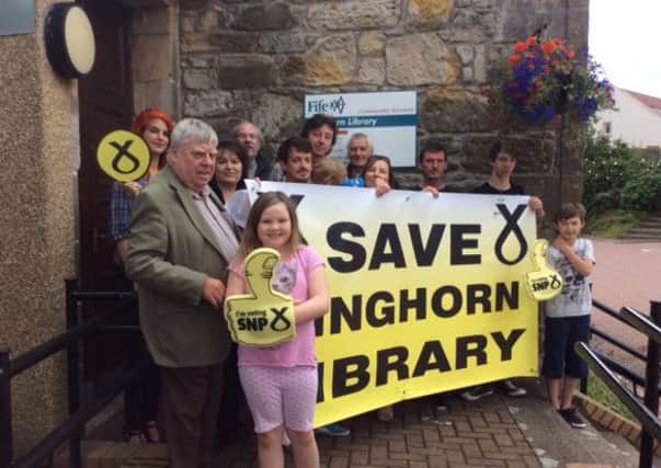 Councillor George Kay with supporters of the Save Kinghorn Library campaign which launched last year
