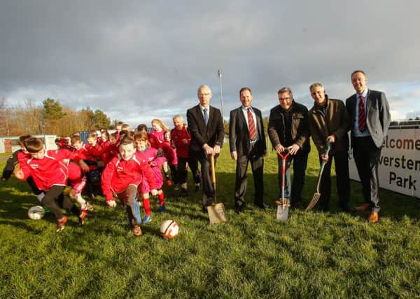 Digging in to mark the start of the Strollers' pavilion project are, from left, Cllr John Wincott, John Buchanan (Glenrothes Strollers), Cllr Mark Hood, John Gheel (sportscotland) and Brian Gibson (Glenrothes Strollers).