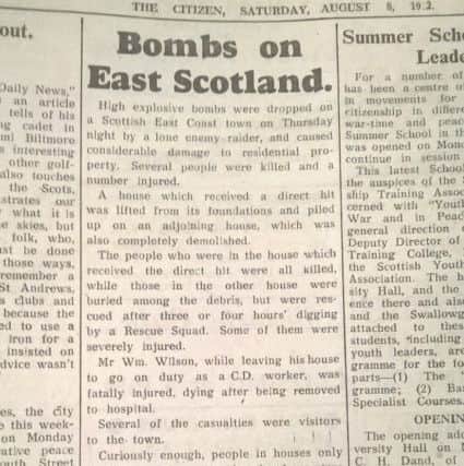 Cutting from Citizen of August 8 1942 recording air raid on St Andrews