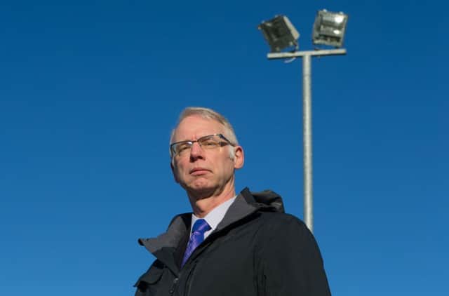 CLLR Wincott at the park in Leslie where all the floodlights around the skate park have been broken. Pic by Steve Brown Photography