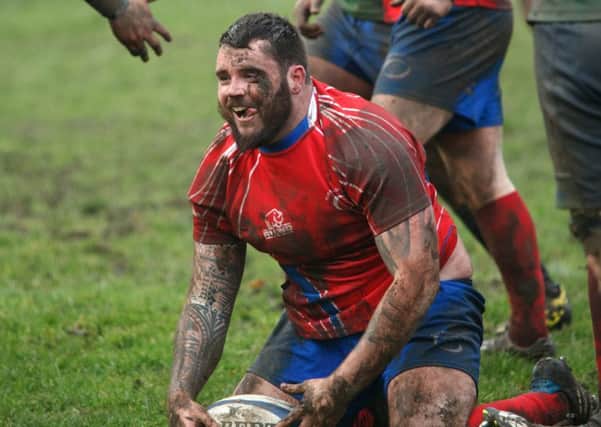 Dayle Turner after scoring his 22nd try of the season, Kirkcaldy v Hamilton. (Photo by Michael Booth)