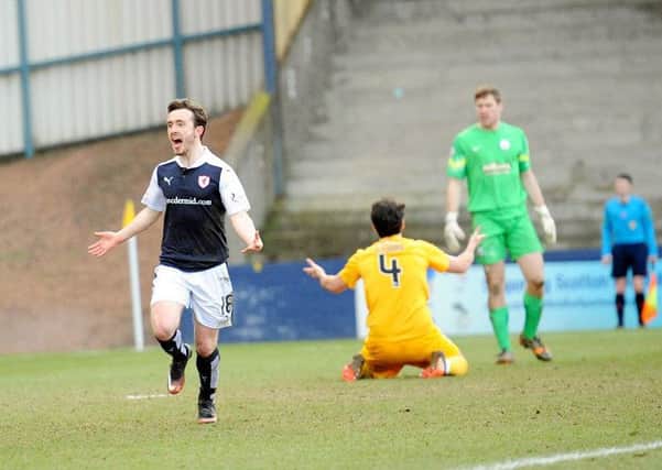 Aidan Connolly celebrates Rovers' second goal against Morton - Credit - Fife Photo Agency -