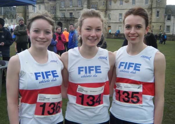 Fife AC won the Under 20 Women's team title at the Sottish National Cross-Country Championships. From left: Annabel Simpson 3rd, Alisa Cruickshanks 16th, Stephanie Pennycook 1st.   Pic : Graham Bennison