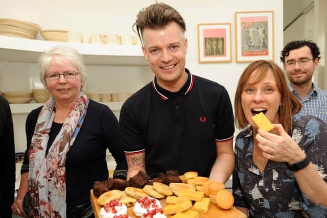 Celebrity chef Edie Manson, pictured with Centre manager Alison Harrow, judged a Bake Off competition at the centre for Maggie's Kitchen Table Day. Pictures by FPA.