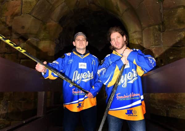 Flyers head coach Todd Dutiaume and TJ Caig at Ravenscraig Castle, Kirkcaldy ahead of the play-off run-in - FPA  -
