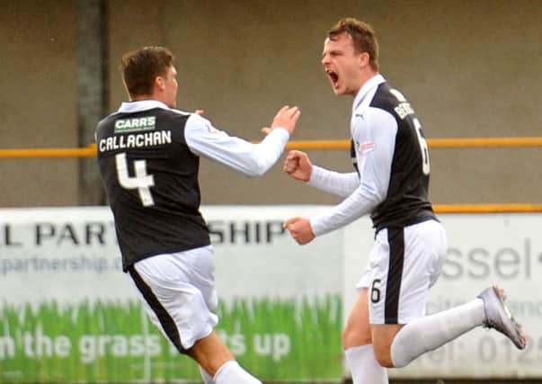 Kyle Benedictus celebrates his 92nd minute equaliser at Alloa with Ross Callachan -  Credit - Fife Photo Agency -