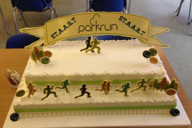 A giant cake, made to mark the STAART takeover at St Andrews parkrun, greeted the 314 runners at the Craigtoun Park cafe after the event.