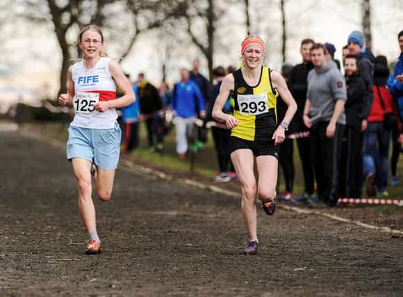 Angela Richardson battles down the home straight of the Scottish National Cross-Country.