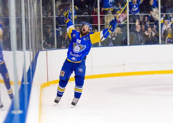 Kyle Haines celebrates his last gasp winner against Braehead Clan in the play-off quarter-final first leg.